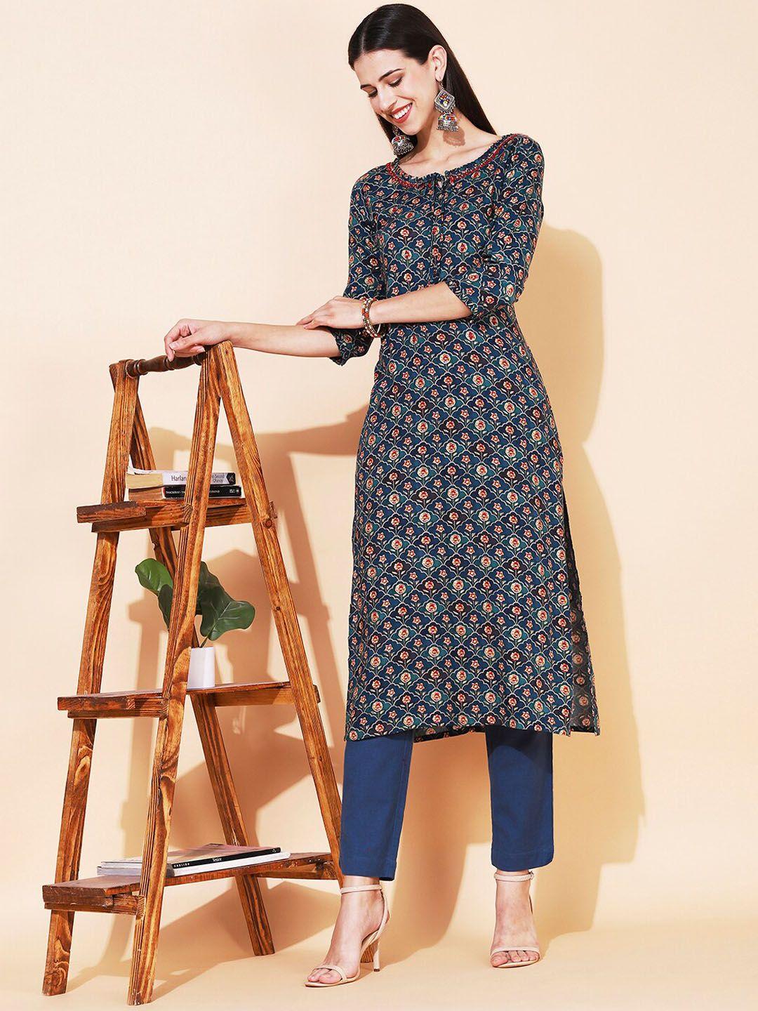 fashor women blue ethnic motifs printed straight fit kurta