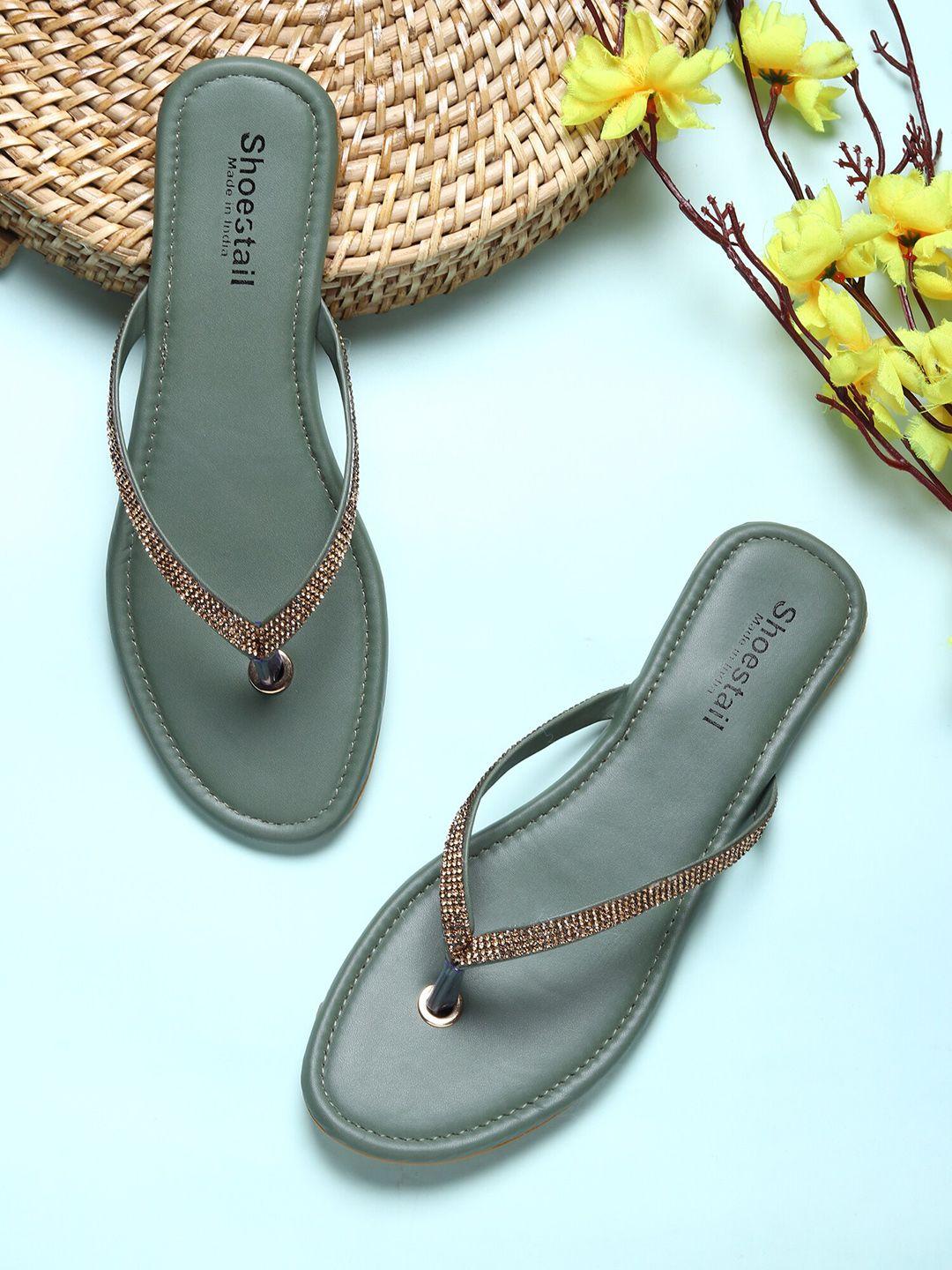 shoestail women green embellished t-strap flats