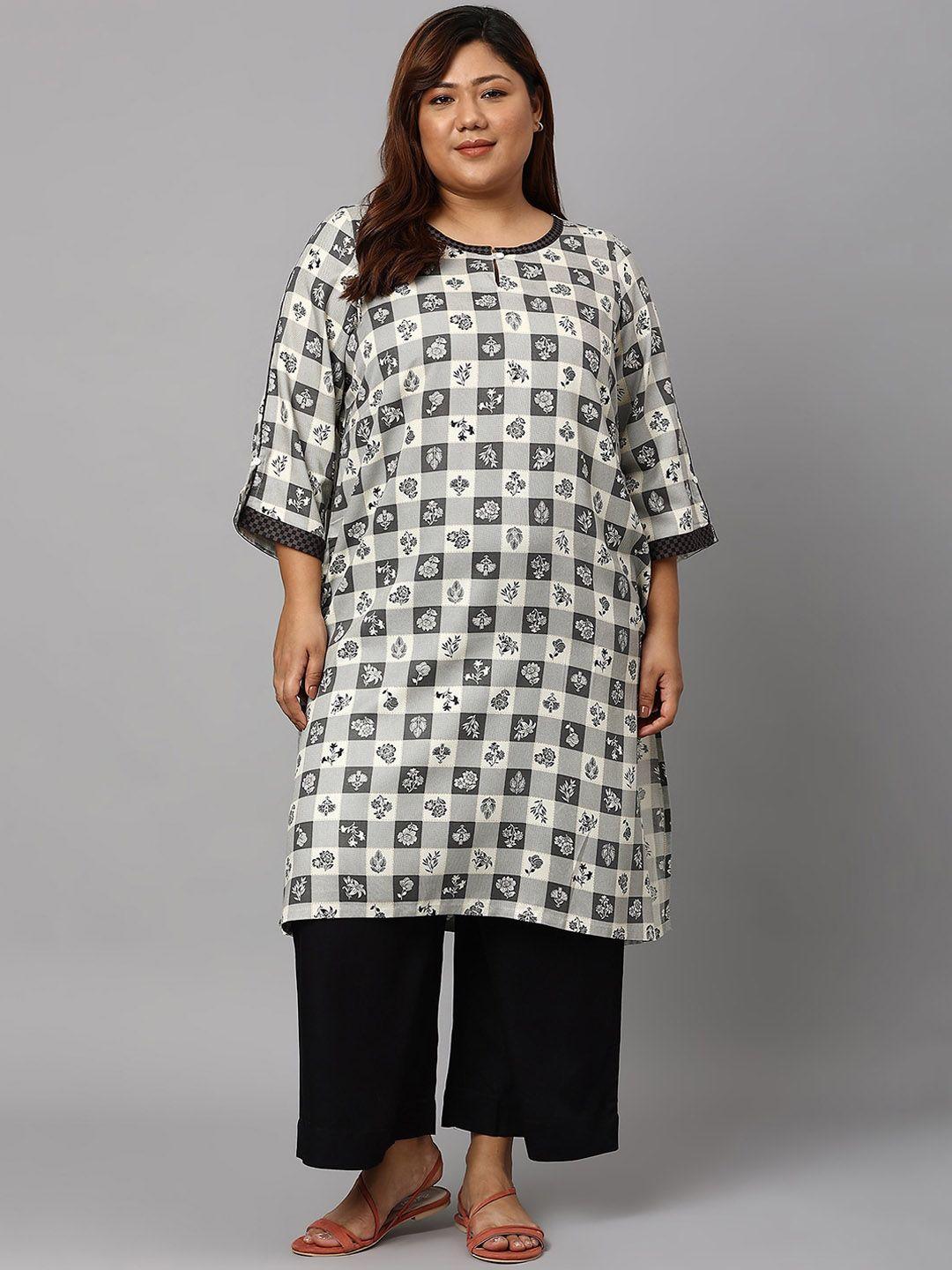 aurelia women grey & black geometric printed keyhole neck straight fit kurta