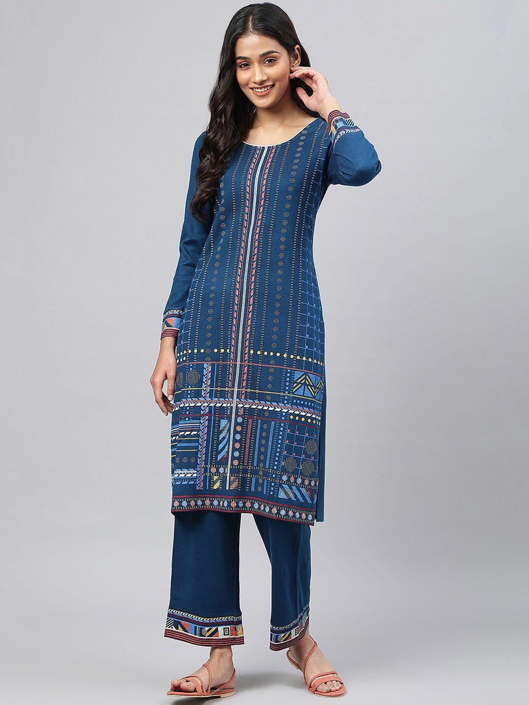 aurelia women blue printed acrylic straight kurta with palazzos