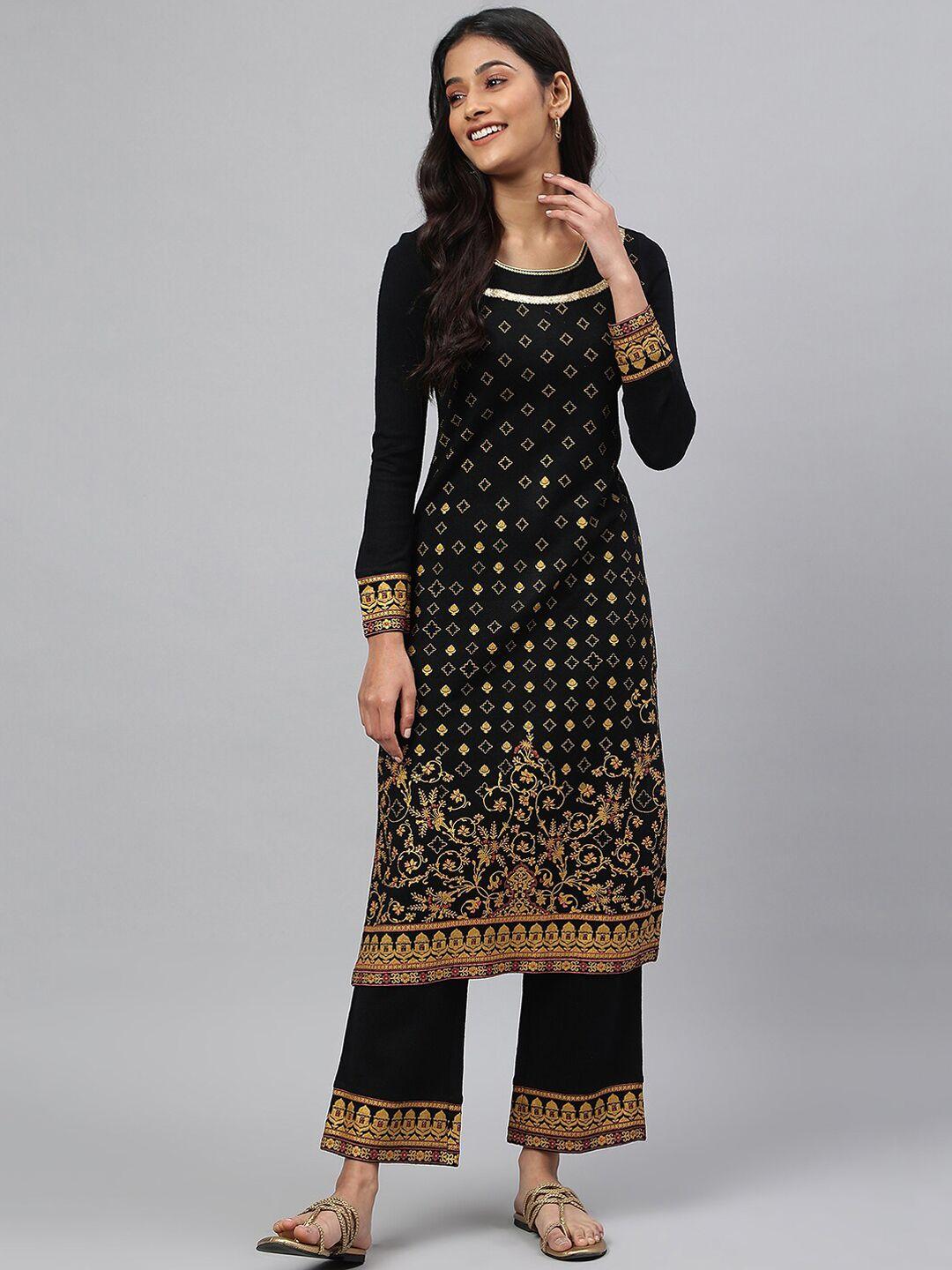 aurelia women black floral printed straight kurta with trousers