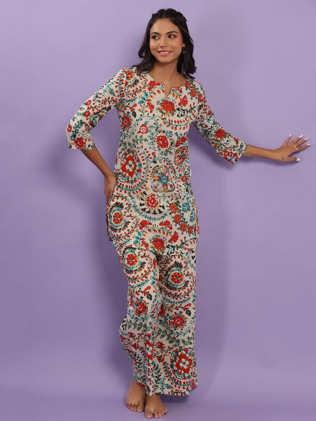 jisora women white & red printed pure cotton night suit