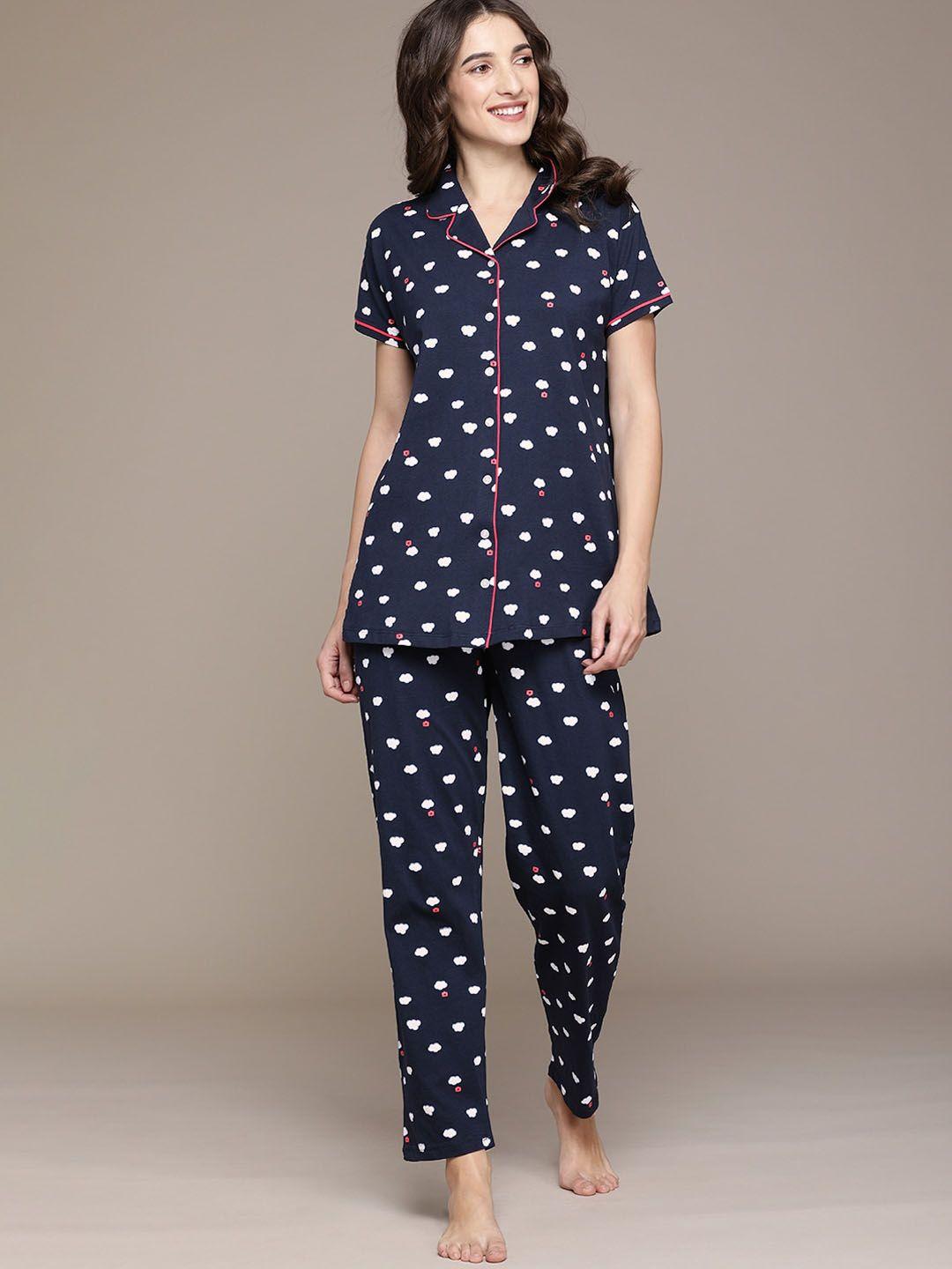 beebelle women navy blue & white printed pure cotton nightsuit