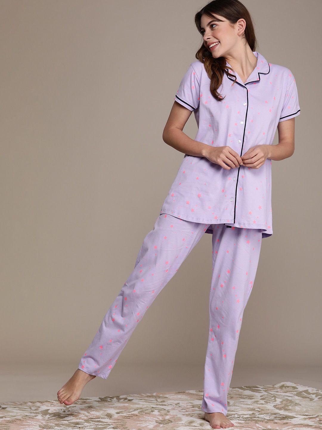 beebelle women lavender & pink printed pure cotton nightsuit