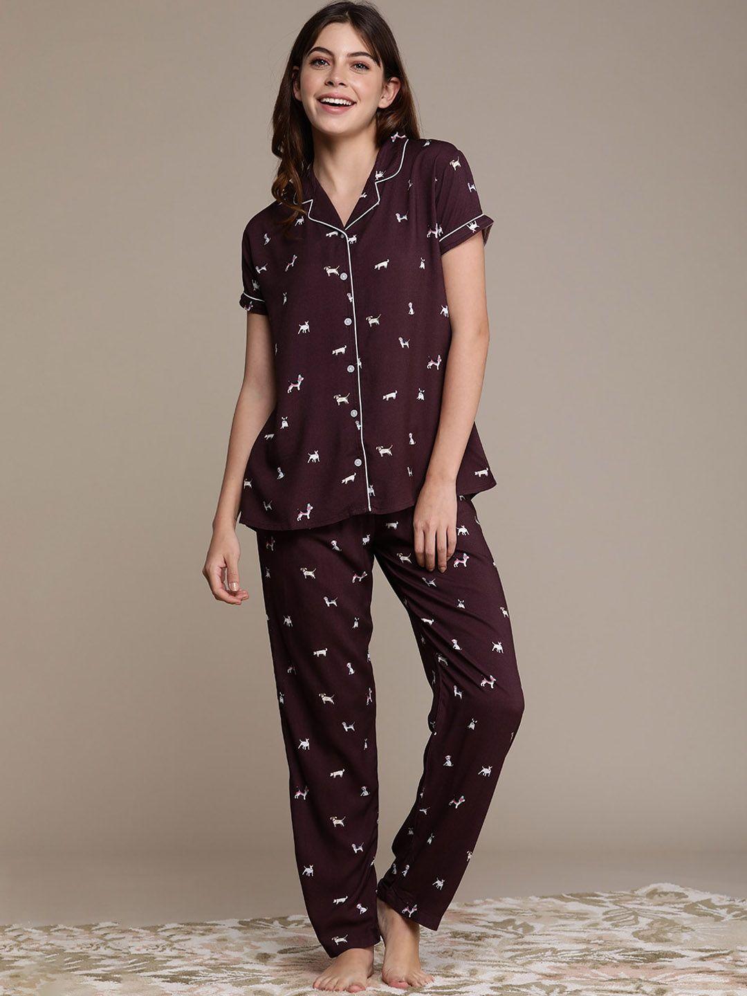 beebelle women brown & white printed nightsuit