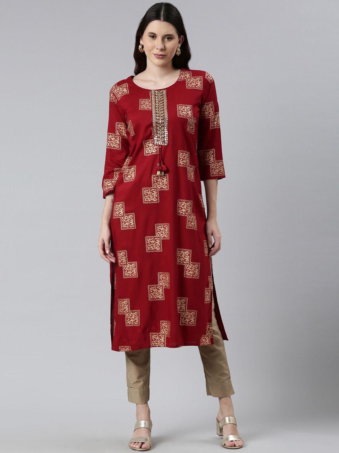 neerus women maroon printed kurta