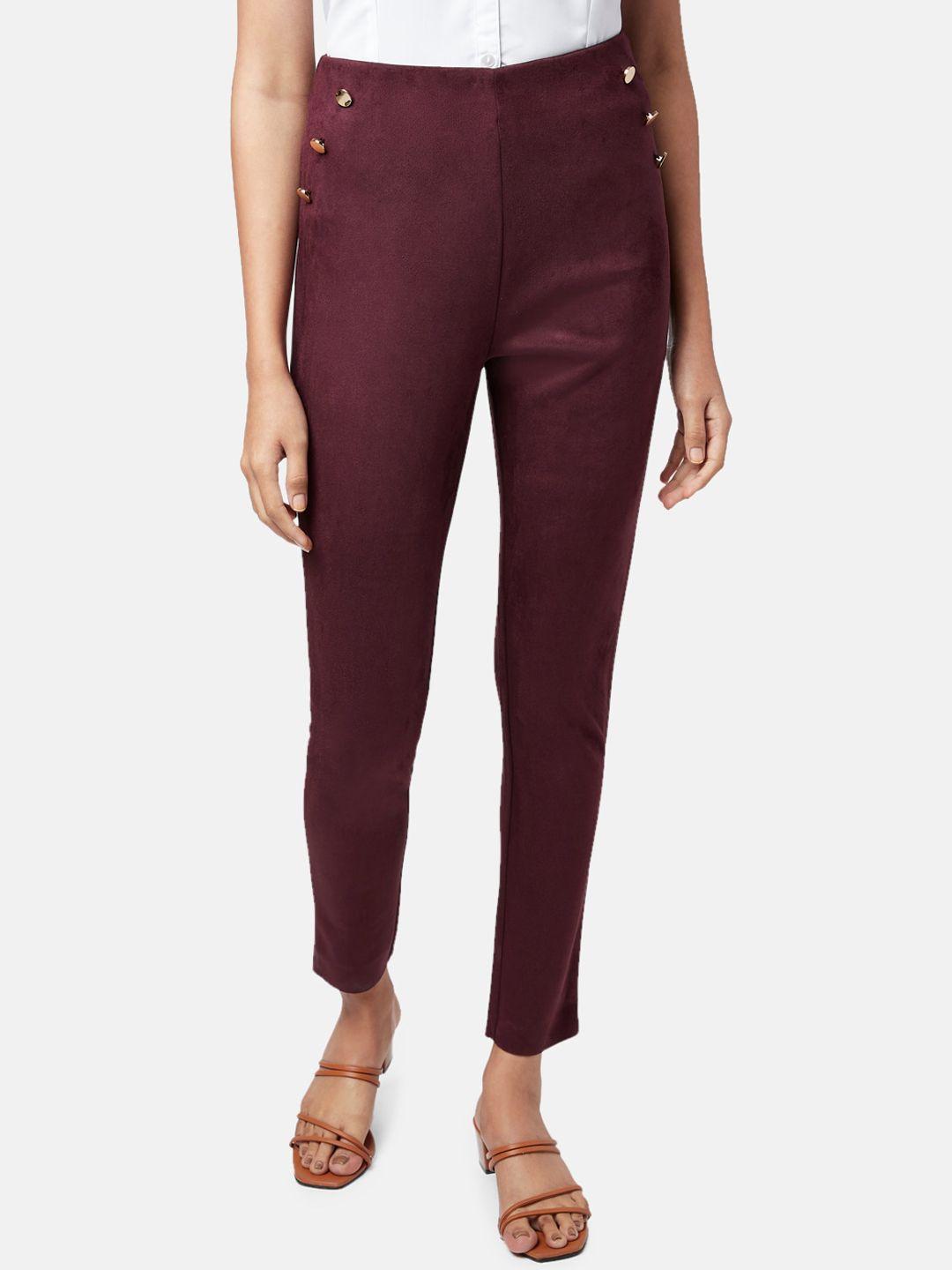 annabelle by pantaloons women maroon slim fit high-rise trouser