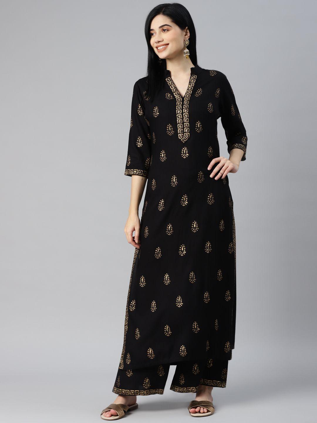 mbe women black & golden ethnic motifs printed kurta with palazzos