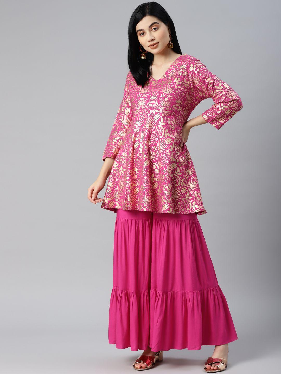 mbe women pink & golden ethnic motifs printed pleated kurti with sharara