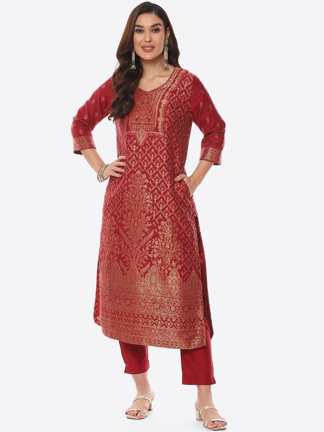 biba women maroon floral printed kurta with trousers