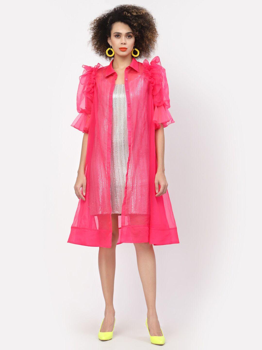 lela women pink sheer puff sleeves organza jacket