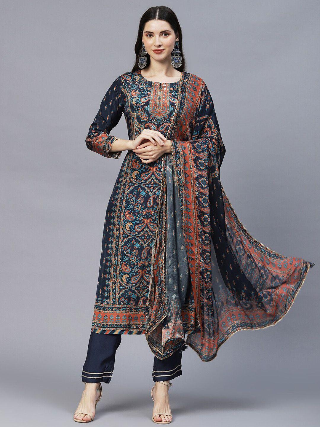 envy me by fashor women blue ethnic motifs printed kurta with trousers & with dupatta