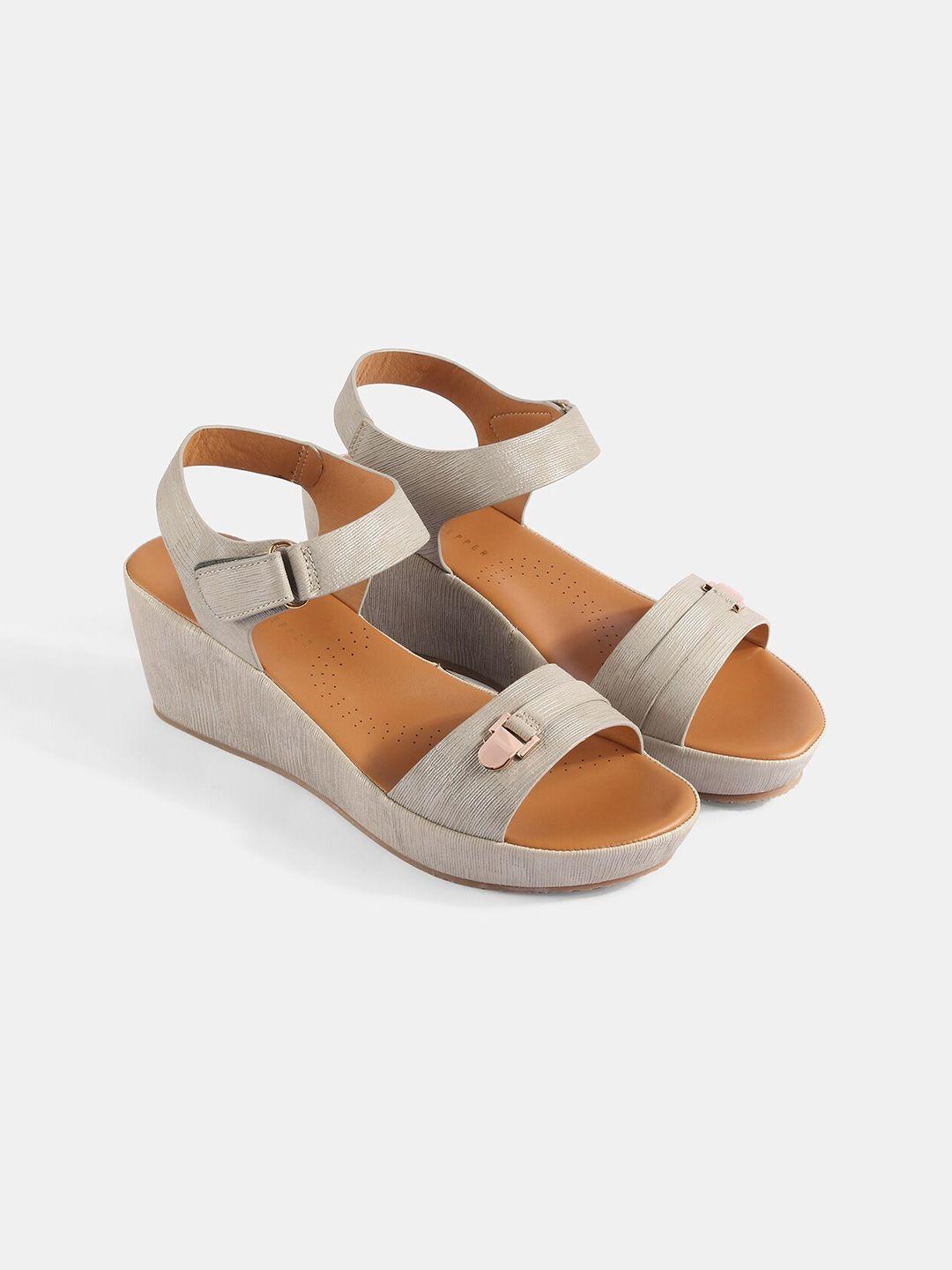 lemon & pepper grey & tan wedge heels with buckles