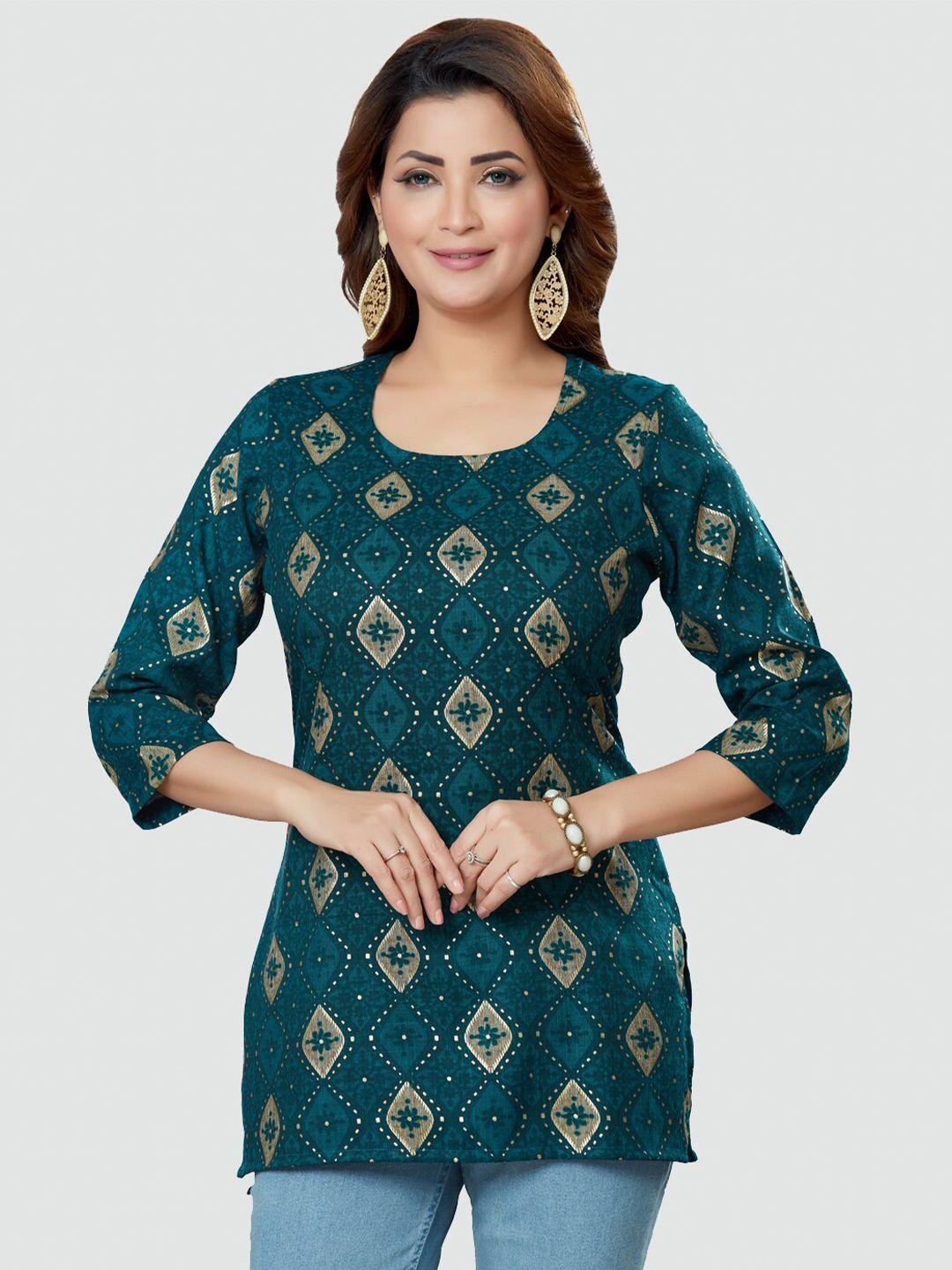 saree swarg blue & gold-toned ethnic motifs printed kurti