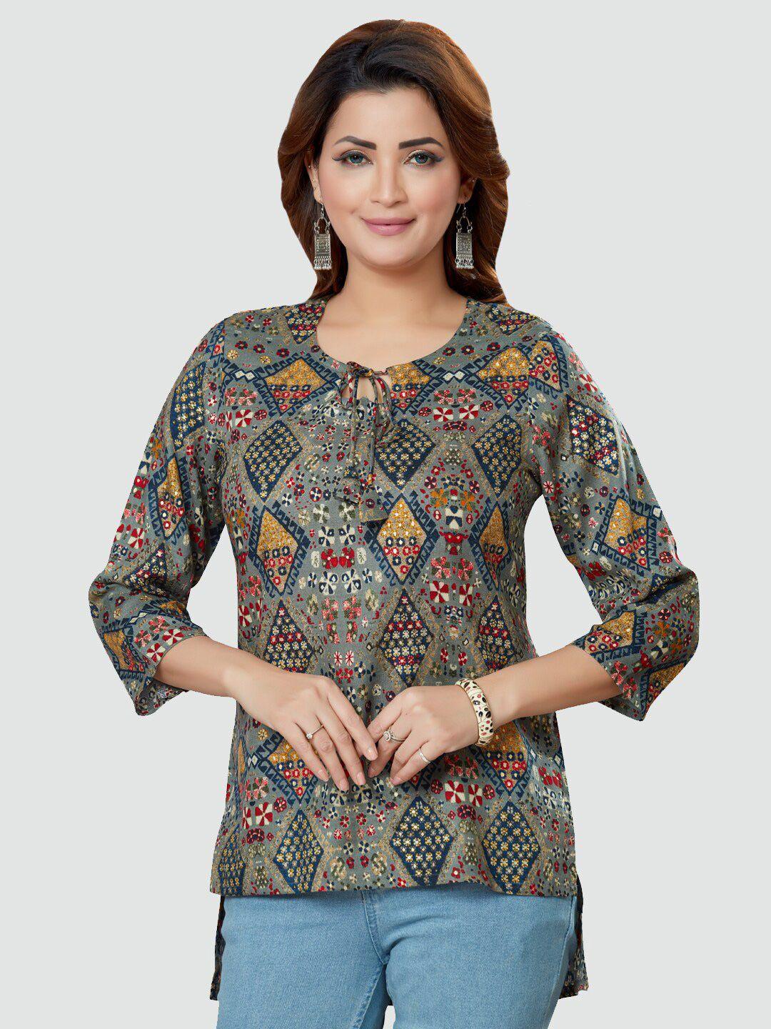 saree swarg women grey & yellow quirky printed kurti