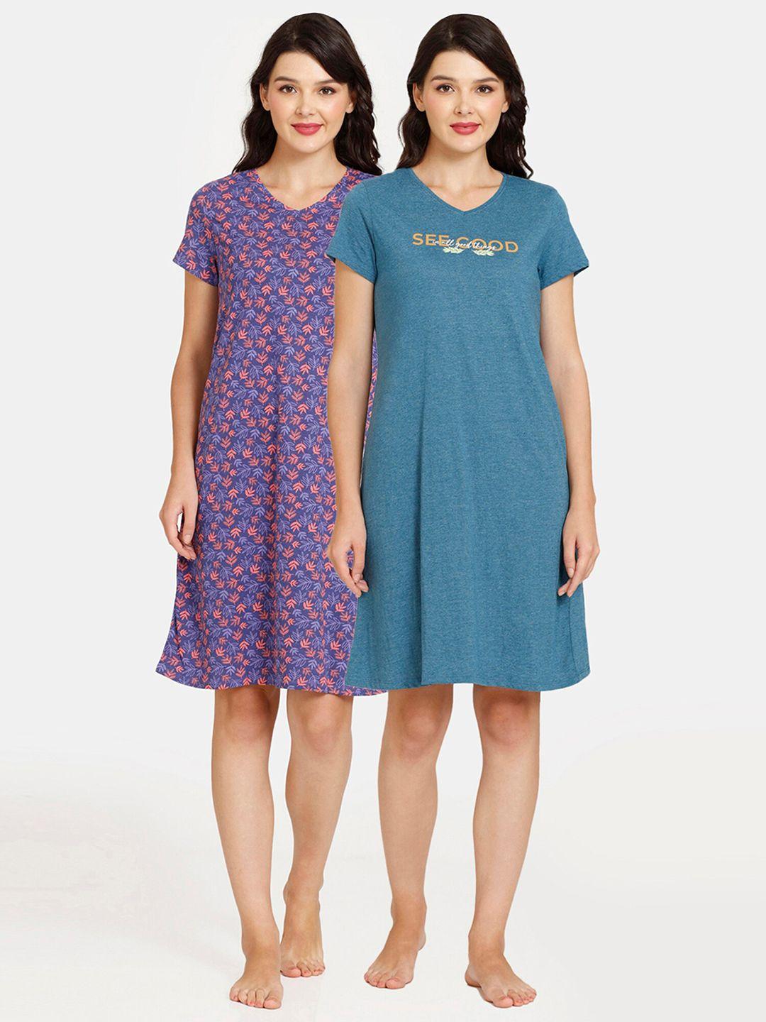 rosaline by zivame women blue printed pure cotton nightdress