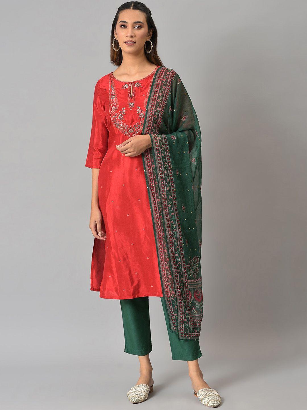 w women red floral embroidered thread work kurta with trousers & with dupatta