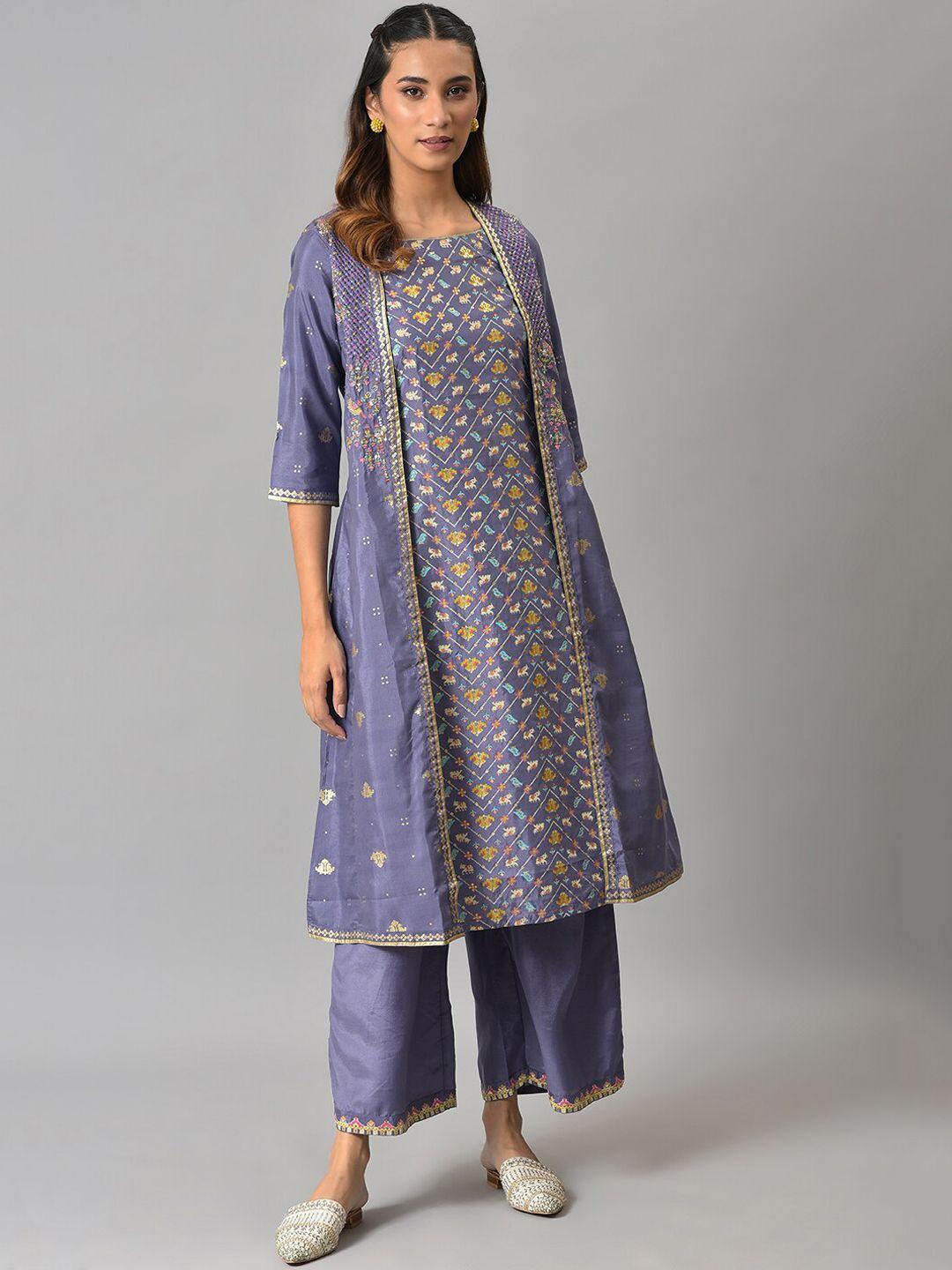 w women purple ethnic motifs printed layered kurta with palazzos