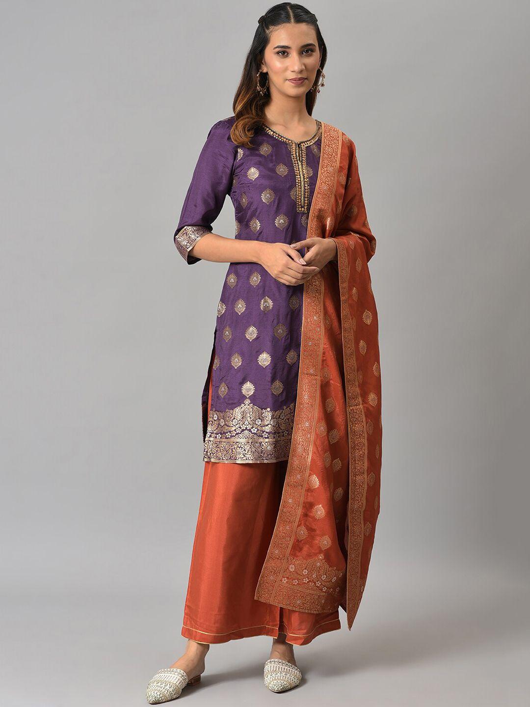 wishful women purple ethnic motifs printed kurta with palazzos & with dupatta