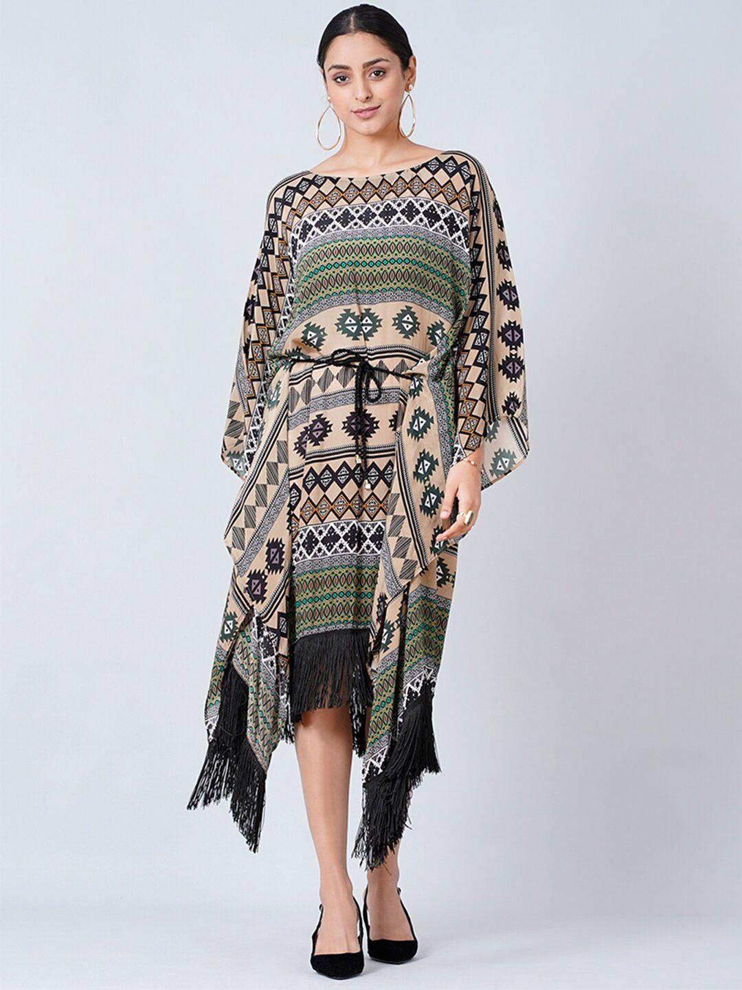 first resort by ramola bachchan women green & black geometric printed kaftan dress