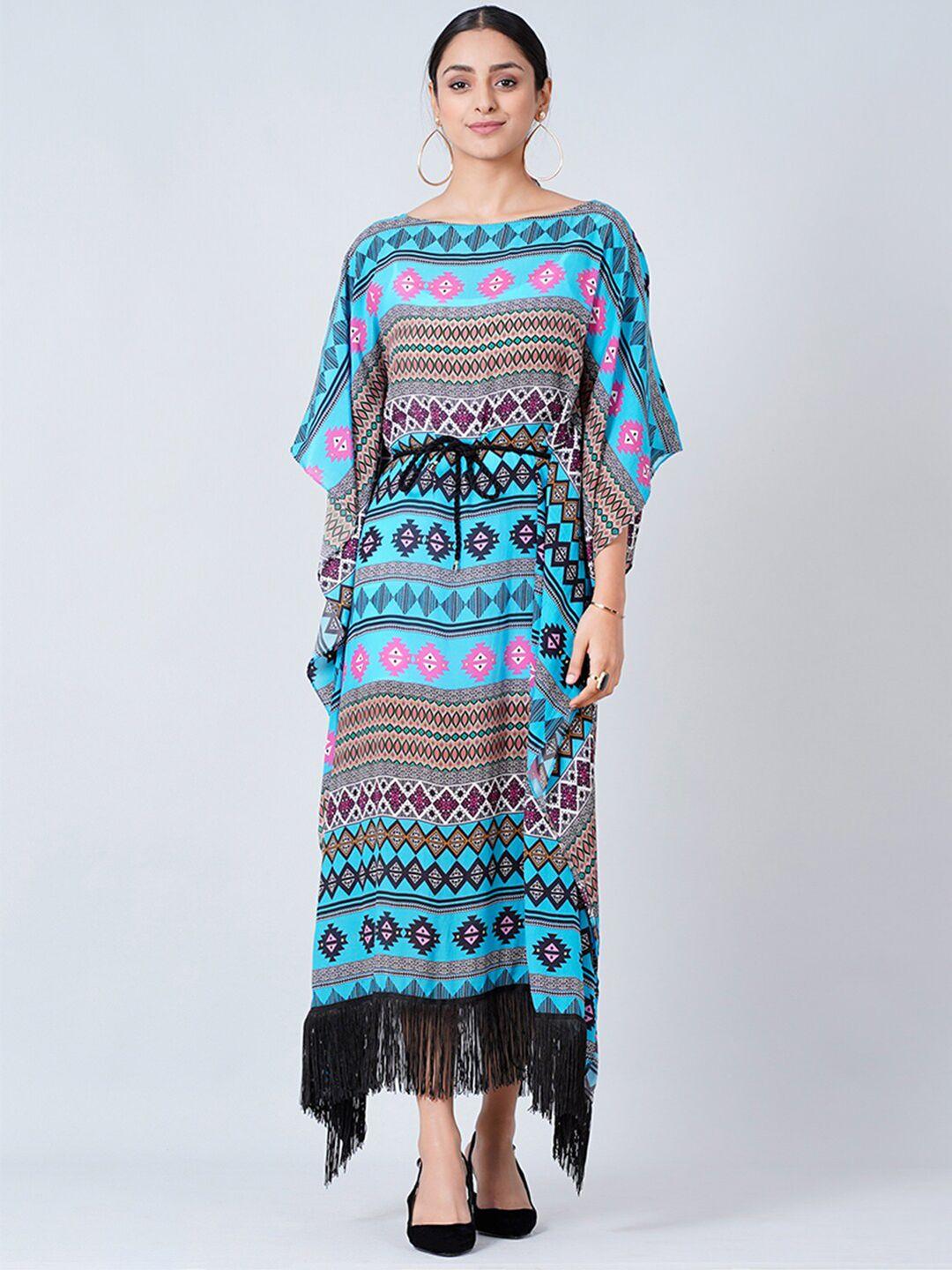 first resort by ramola bachchan women blue & pink geometric printed fringed kaftan dress