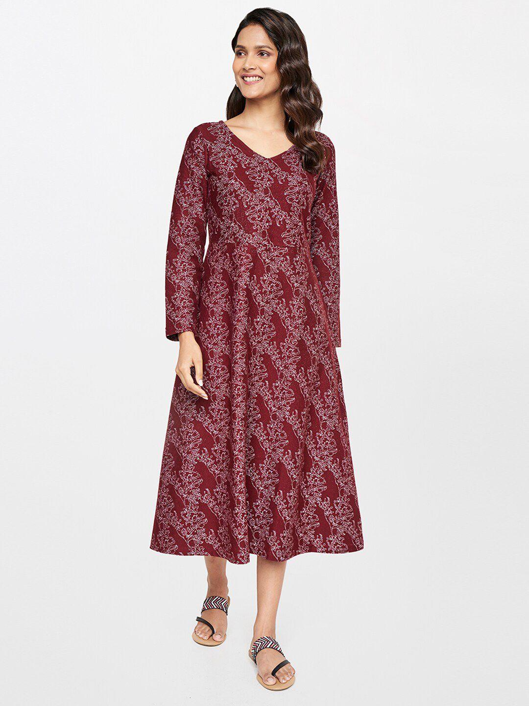 itse maroon & white ethnic motifs a-line midi dress