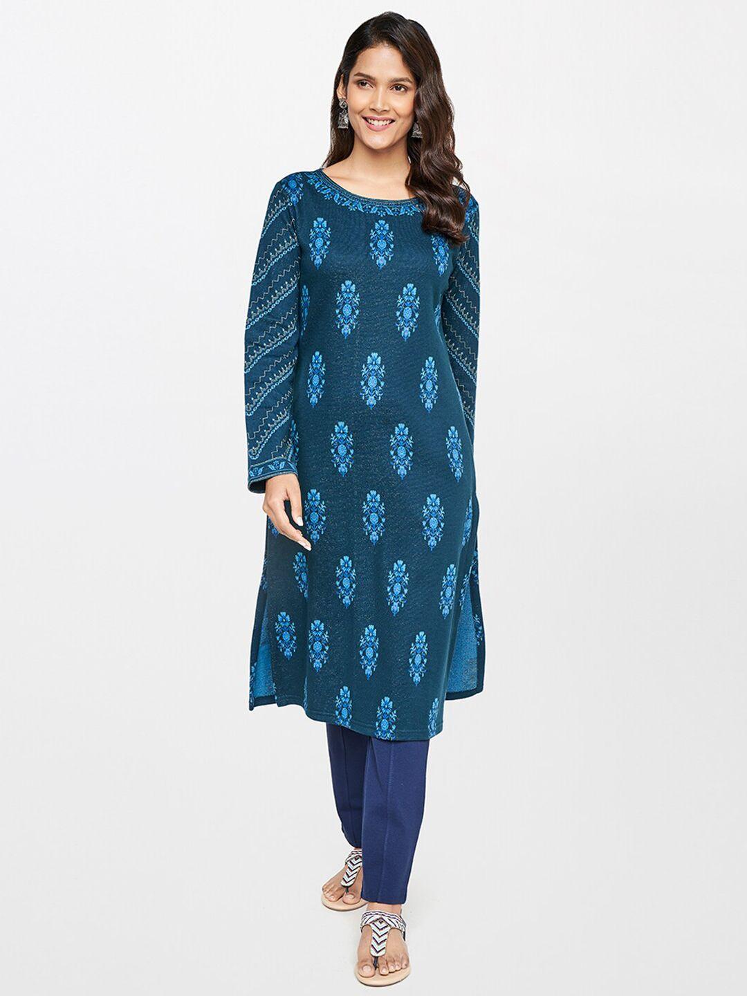 itse women blue ethnic motifs printed straight fit kurta