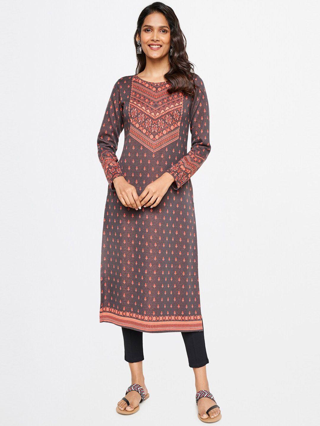 itse women brown ethnic motifs printed straight fit kurta