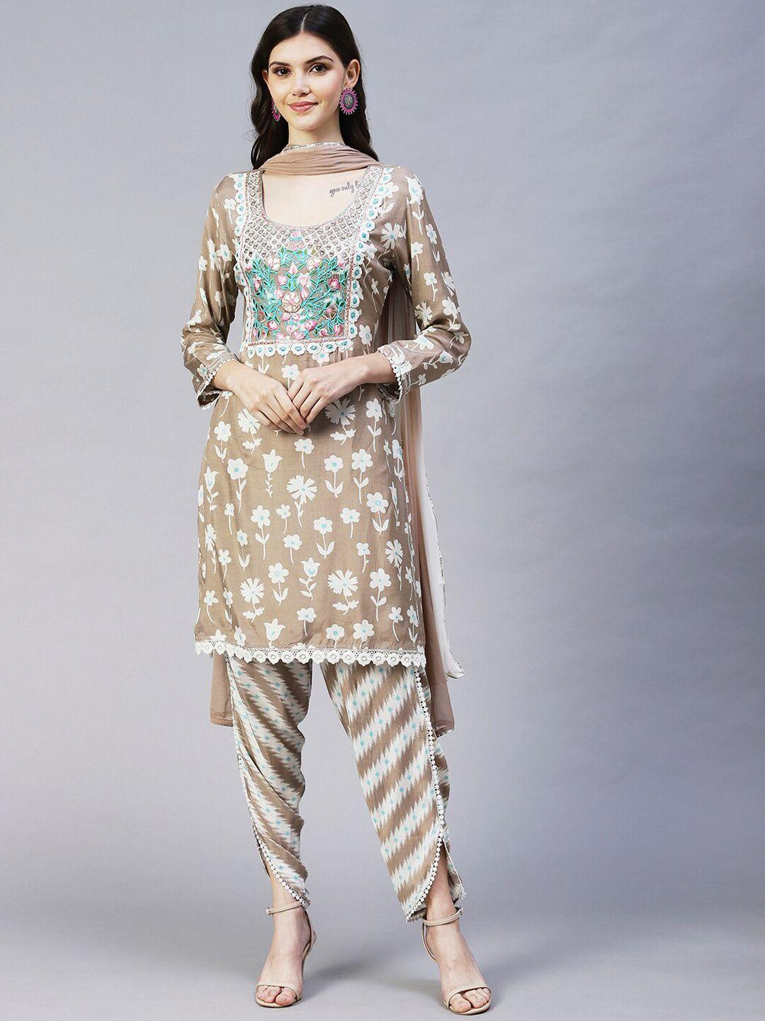 fashor women taupe floral printed mirror work kurta with dhoti pants & with dupatta