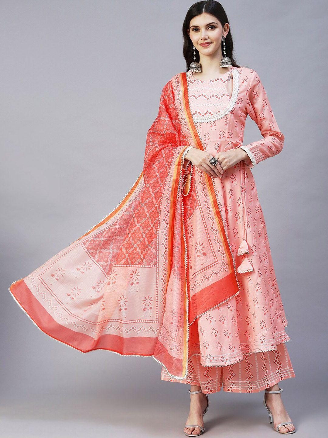 fashor women peach-coloured floral printed gotta patti linen kurta with palazzo & dupatta