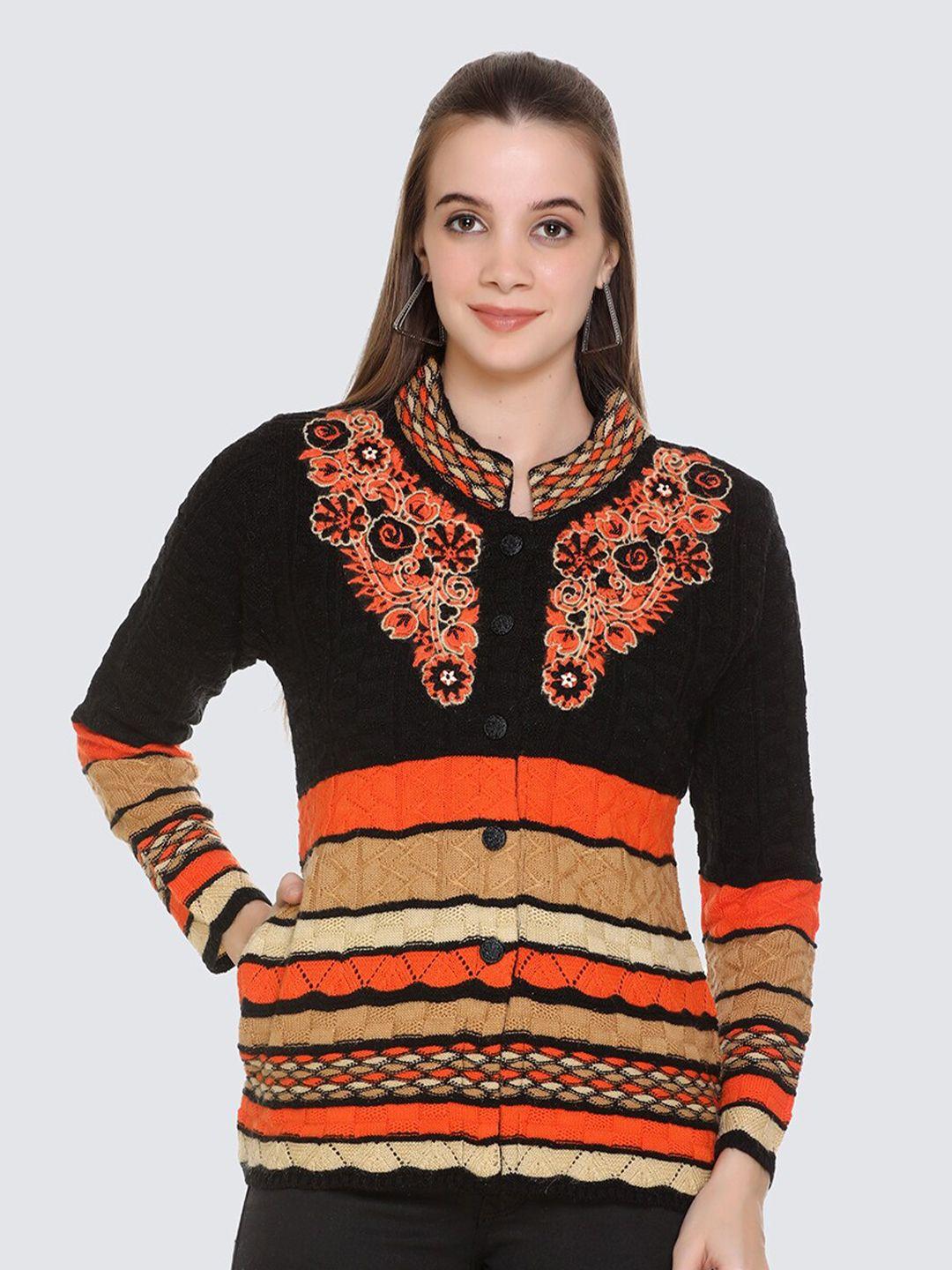 arshiya women black & orange open front cable knit cardigan