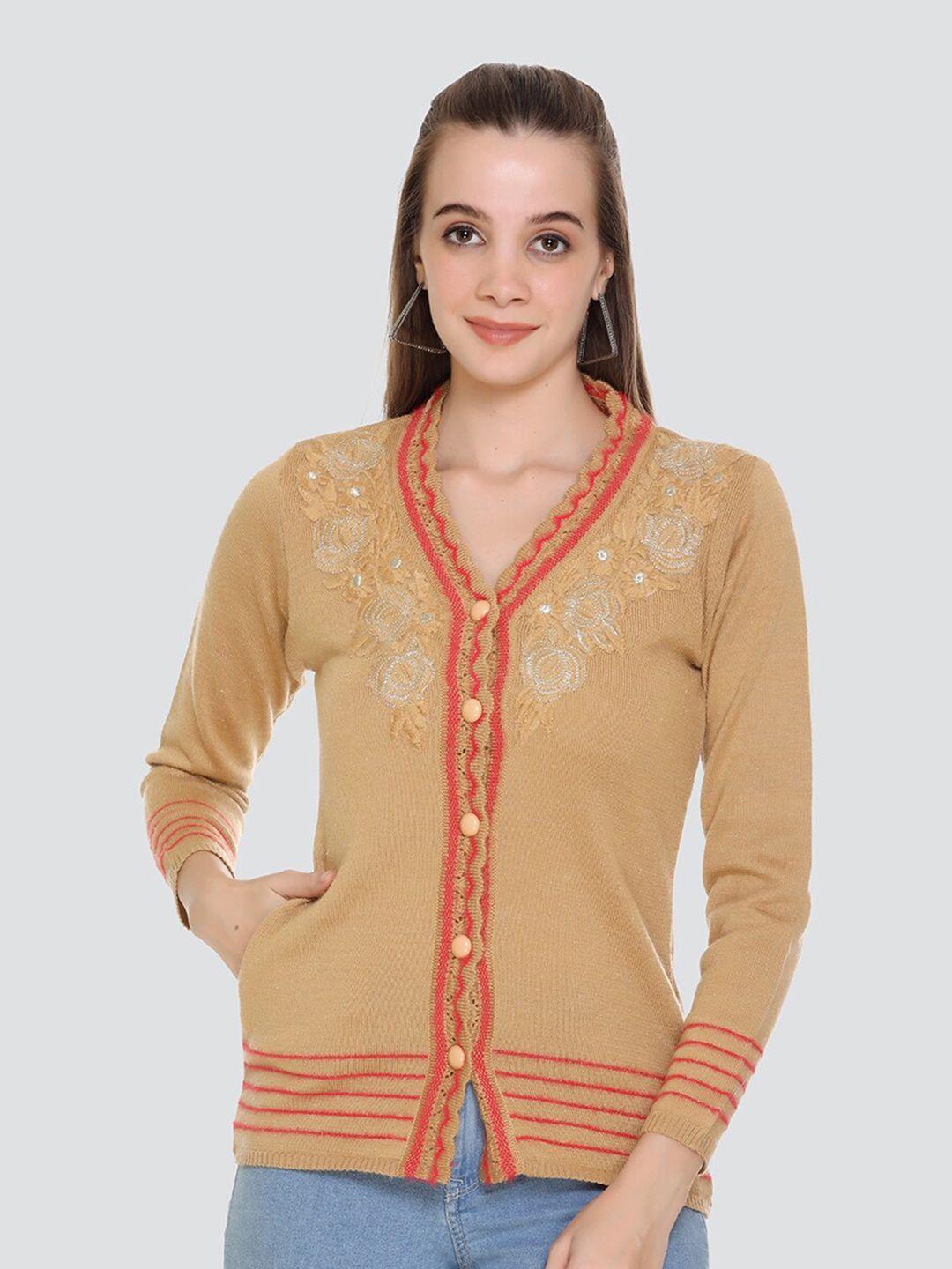 arshiya women brown & red floral open front cardigan