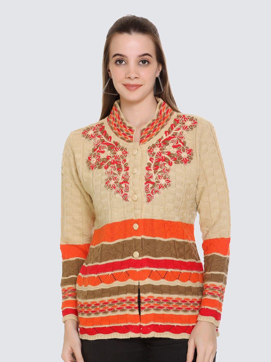 arshiya women brown & orange open front cardigan