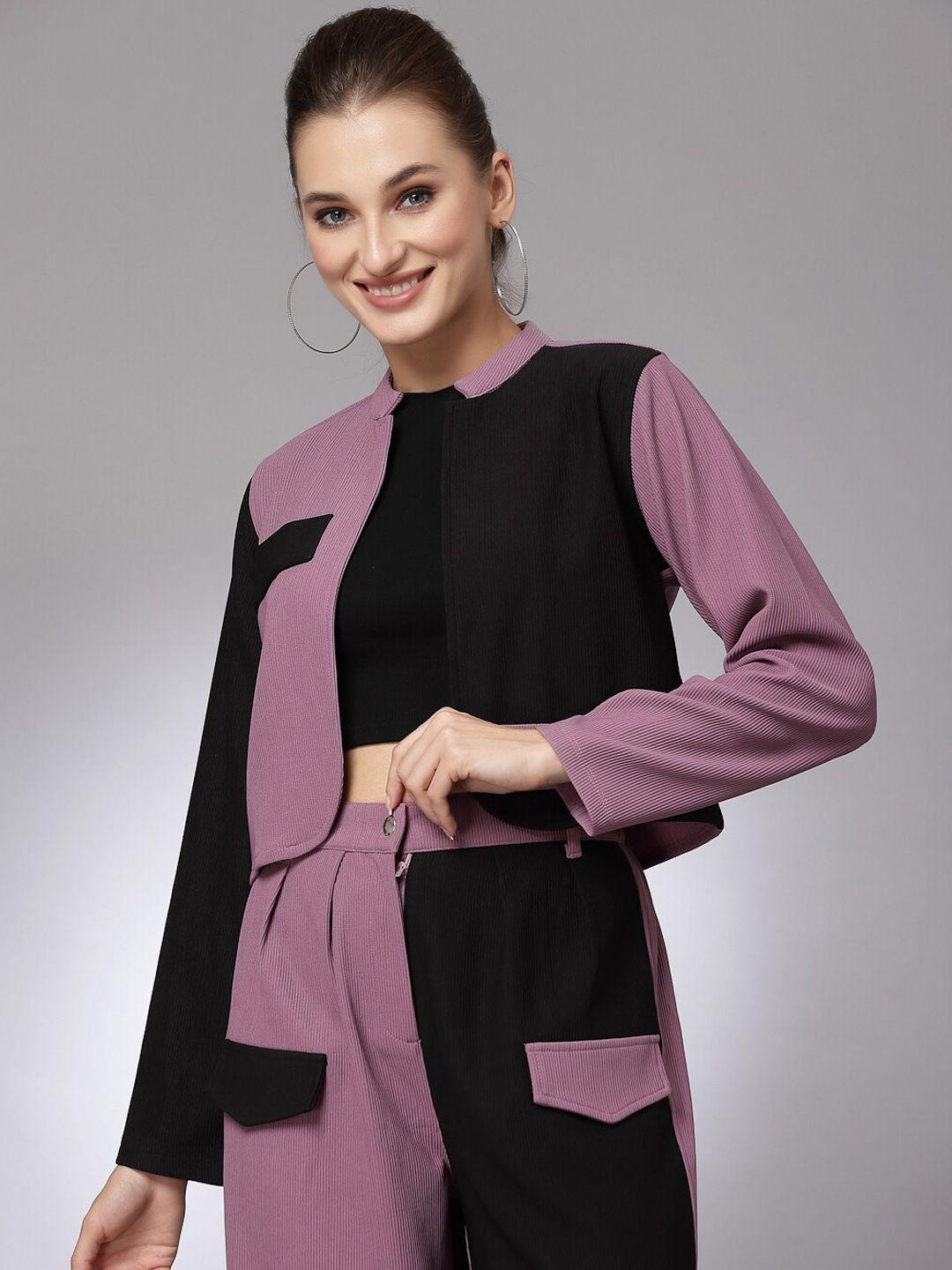 kassually women mauve black colourblocked open front jacket