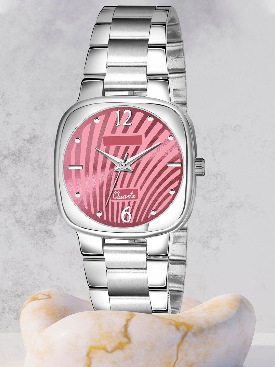 shocknshop women pink printed dial & steel toned stainless steel bracelet style straps analogue watch