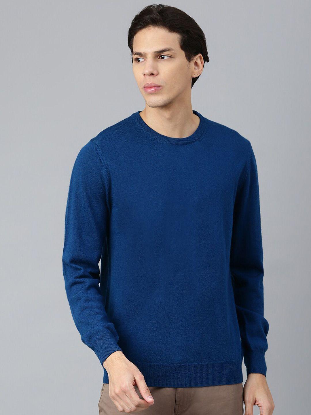 woods men blue solid round neck pullover