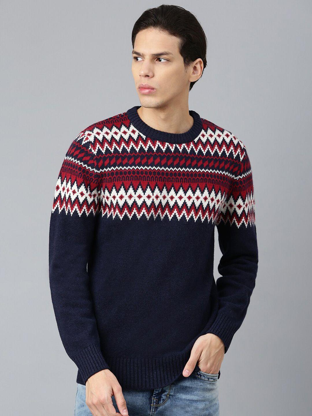 woodland men navy blue & white round neck self design woolen pullover