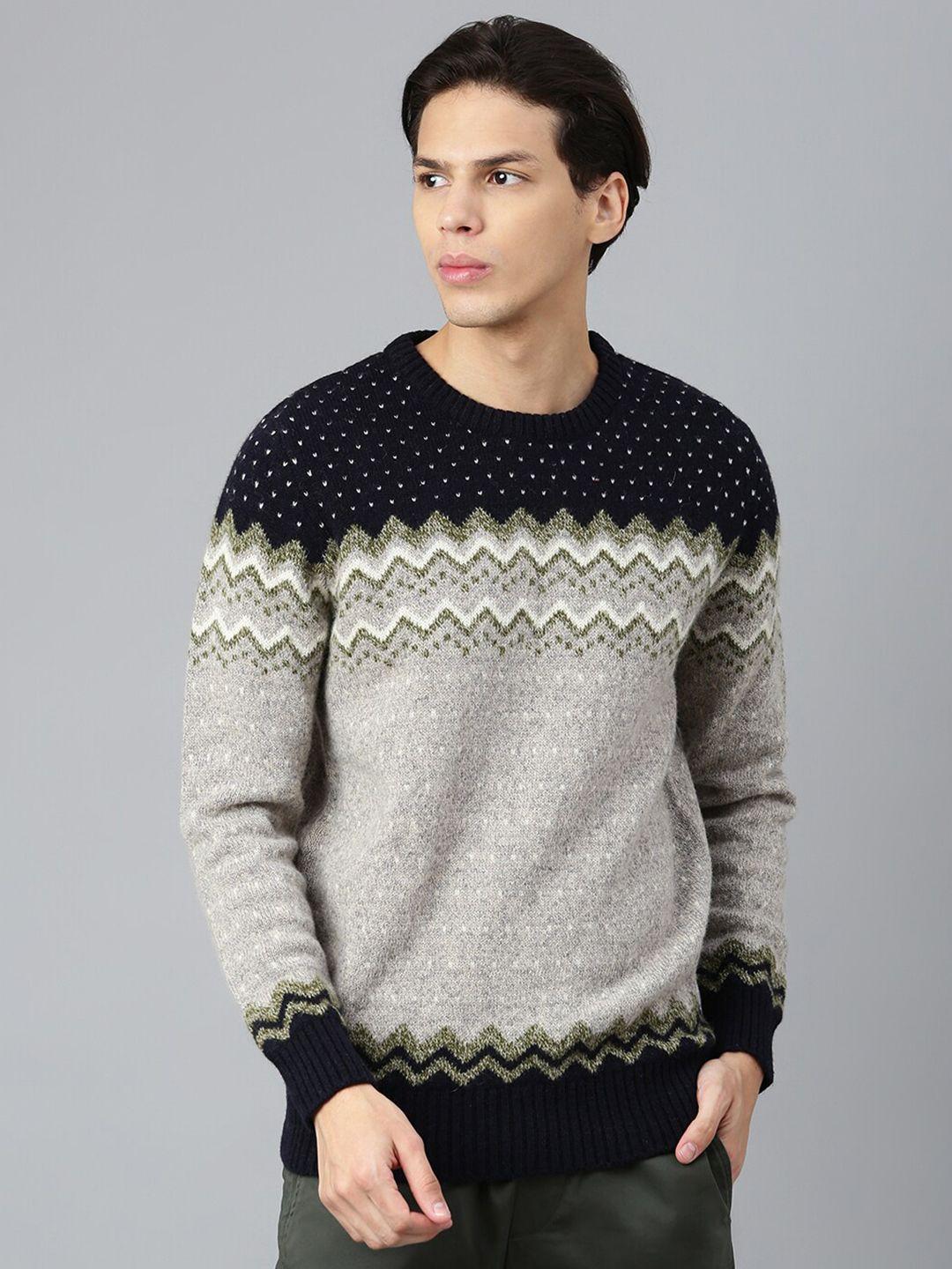 woodland men grey & black geometric round neck pullover