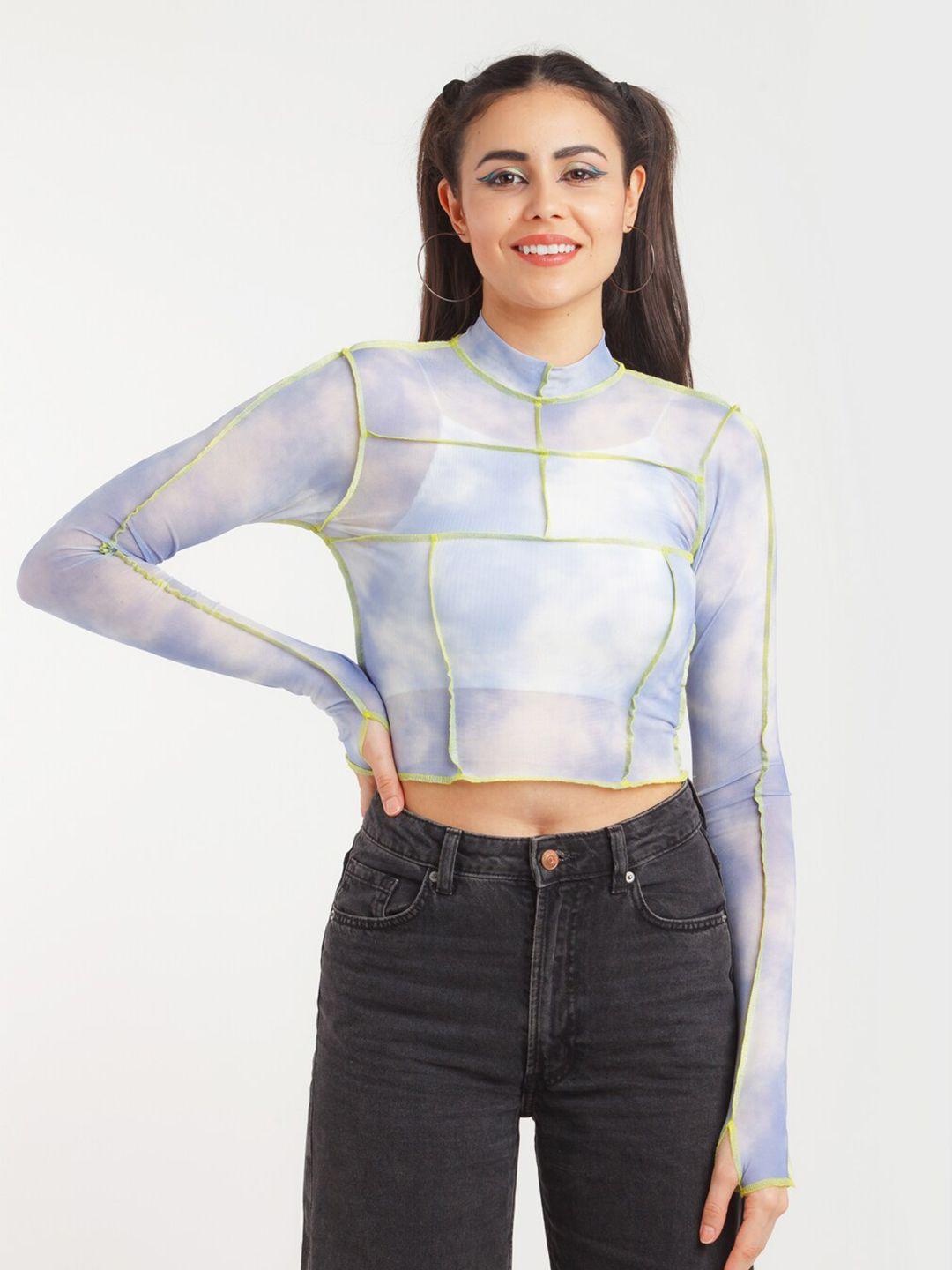 zink z women blue & white abstract print crop top