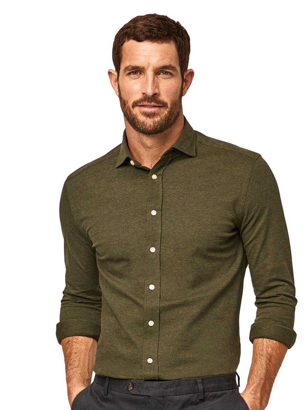 hackett london men green solid pure cotton casual shirt