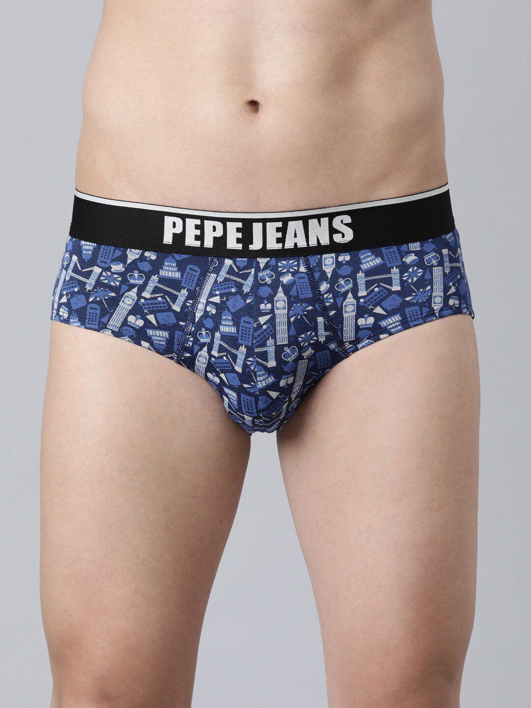 pepe jeans men blue printed basic briefs