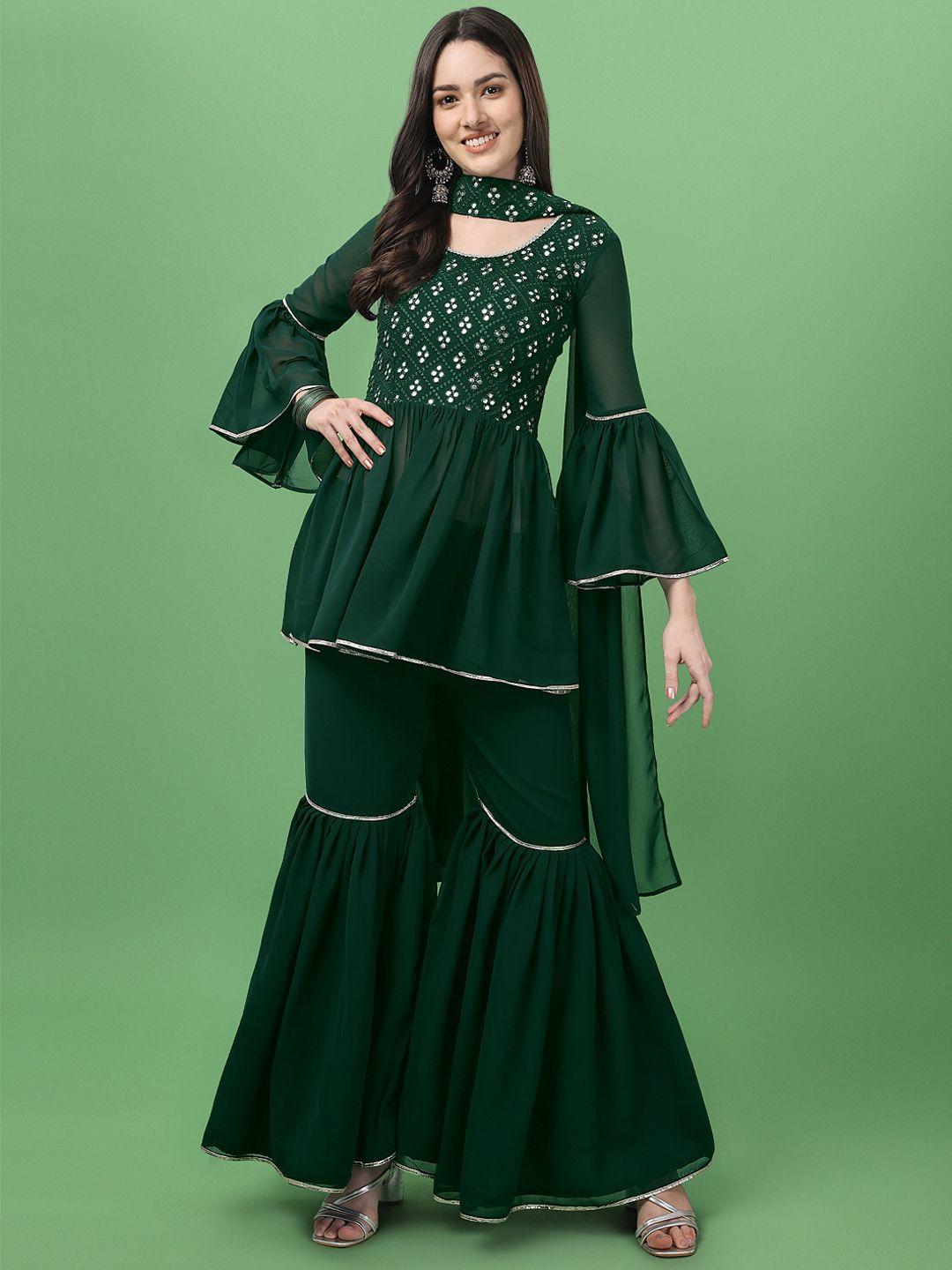 aspora women green embroidered pleated gotta patti kurti with sharara & with dupatta