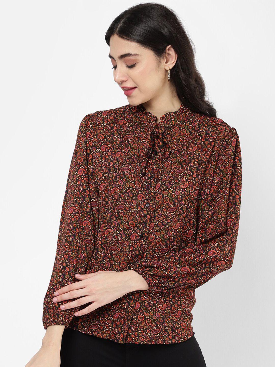 r&b black print mandarin collar shirt style top