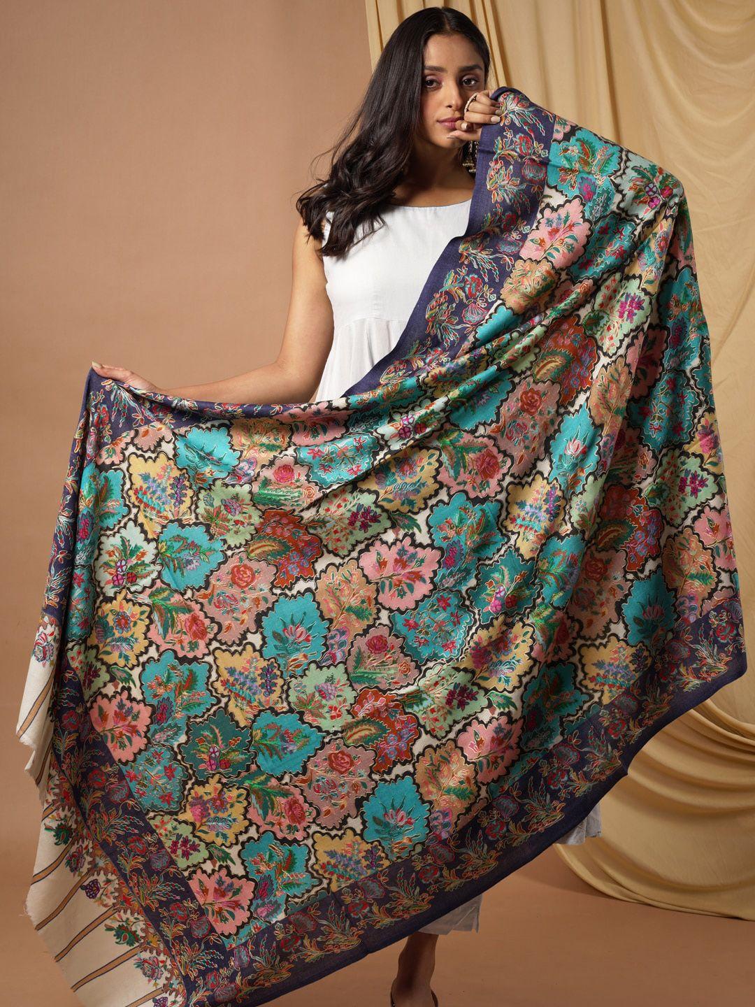 pashmoda women teal blue & pink kalamkari pure wool shawl