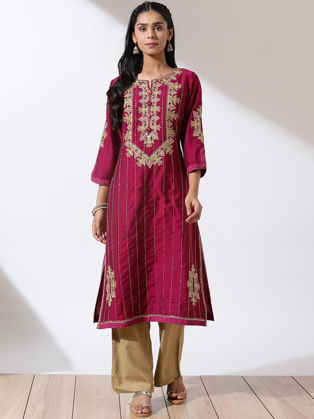 lakshita women fuchsia ethnic motifs printed thread work kurta