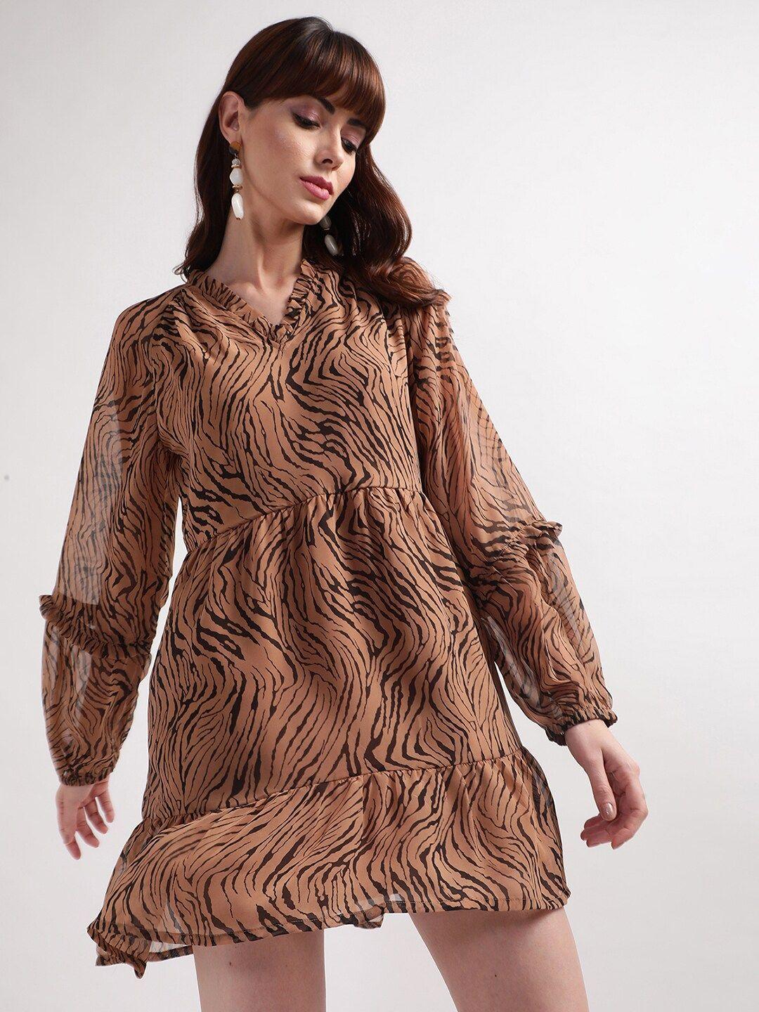 centrestage women brown & black animal printed a-line dress