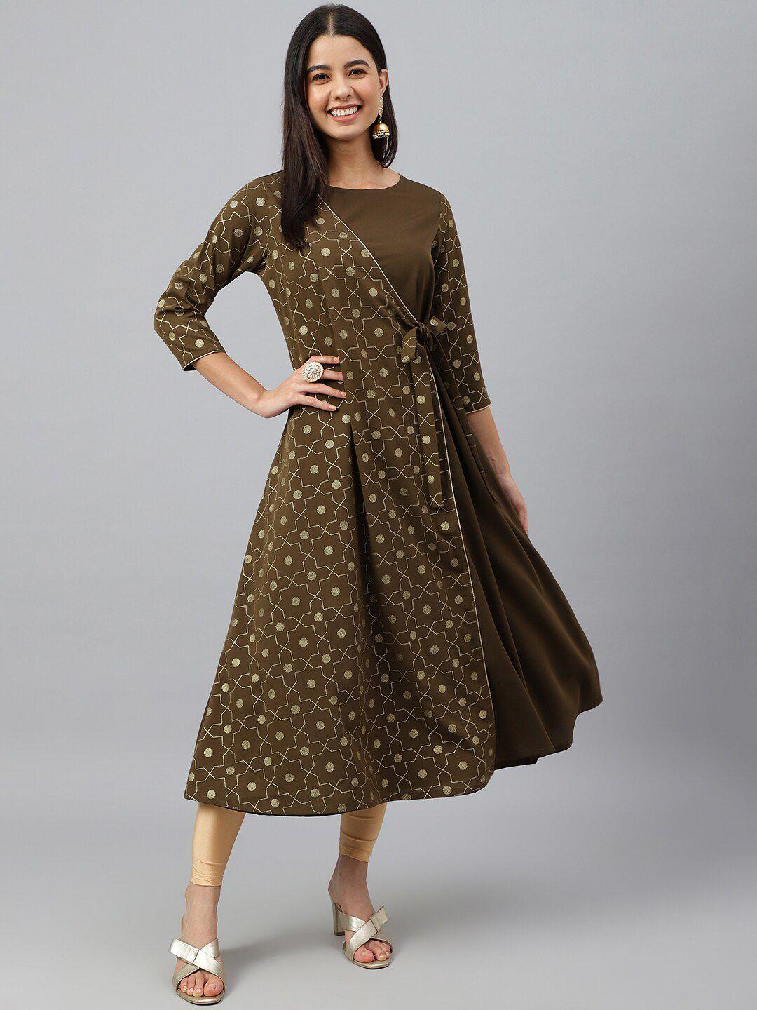 janasya women green crepe foil print angrakha kurta