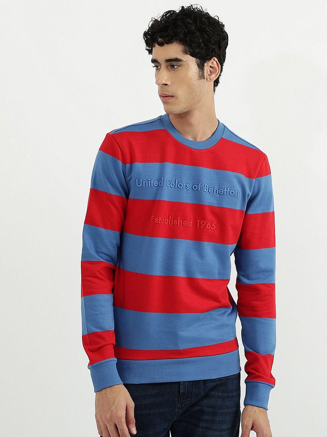 united colors of benetton men red & blue striped round neck cotton sweatshirt