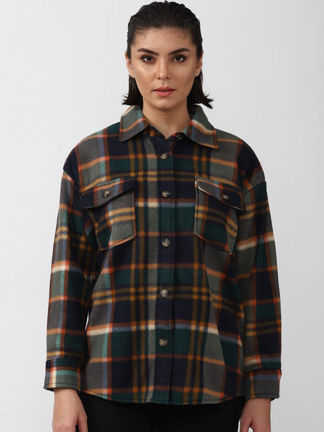 forever 21 women green & blue checked tailored jacket