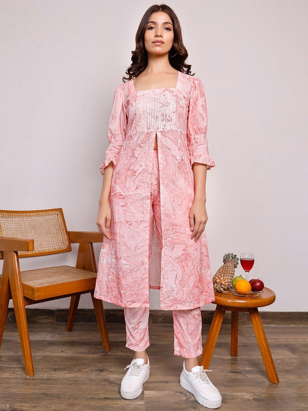 pheeta women pink printed pure cotton kurta with trousers